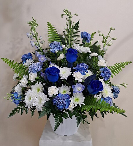 Floral Tribute Arrangement with Blue Roses