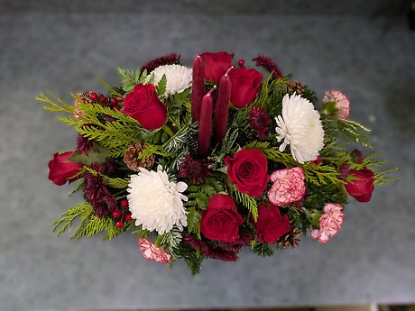 Oblong Candle Centerpiece in Burgandy and Red