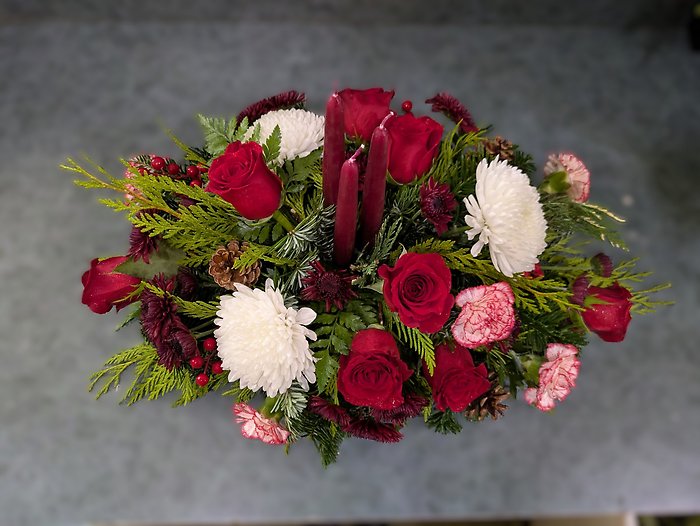 Oblong Candle Centerpiece in Burgandy and Red